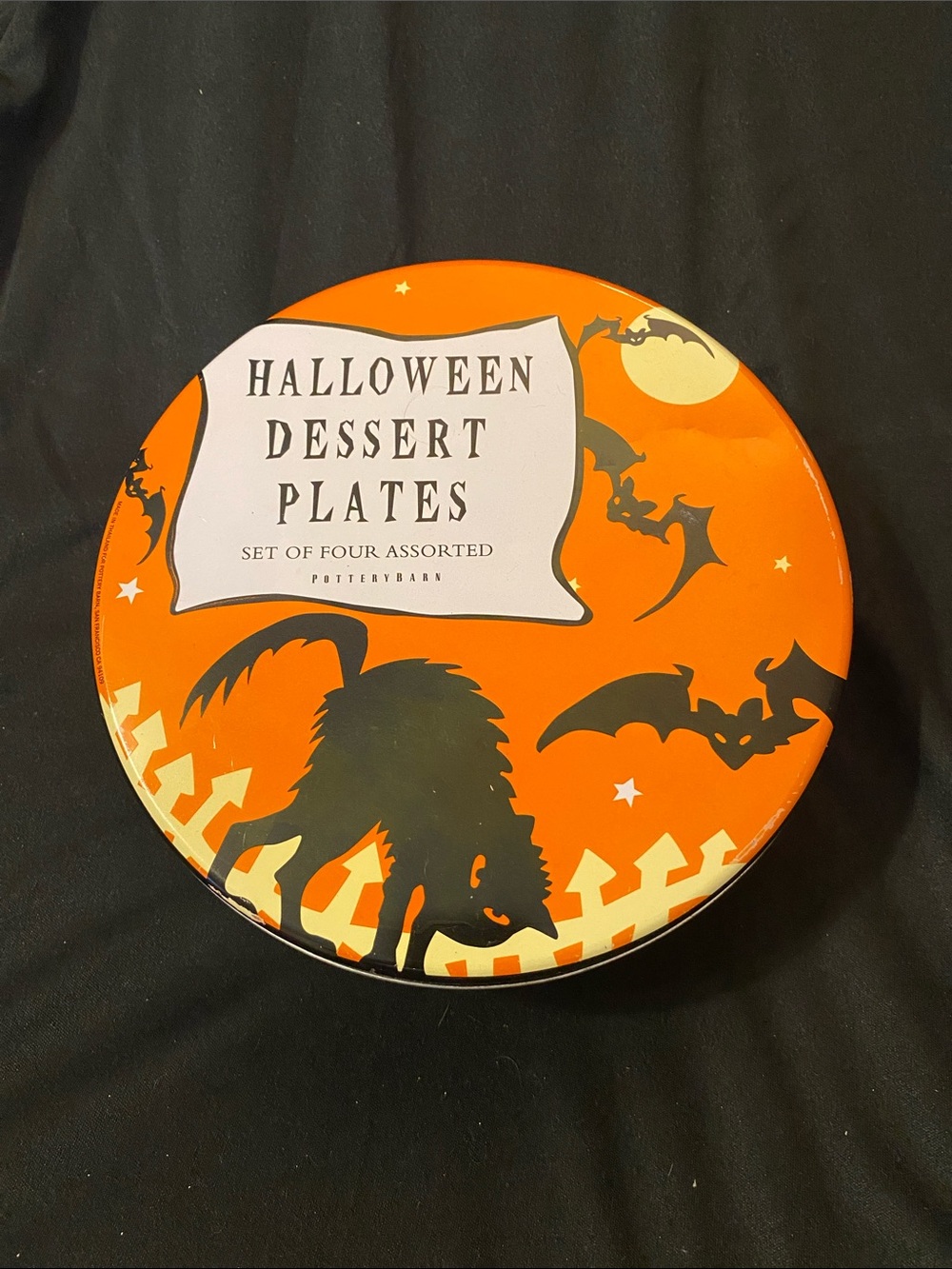 Set 4 Pottery Barn Retro Halloween 8" Dessert Lunch Plates Cat Witch Ghost JackO